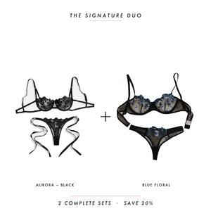 Aurora Black & Blue Floral — two complete lingerie sets, Allura Signature Duo