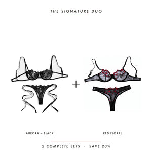 Aurora Black & Red Floral — two complete lingerie sets, Allura Signature Duo