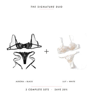 Aurora Black & Lily White — two complete lingerie sets, Allura Signature Duo