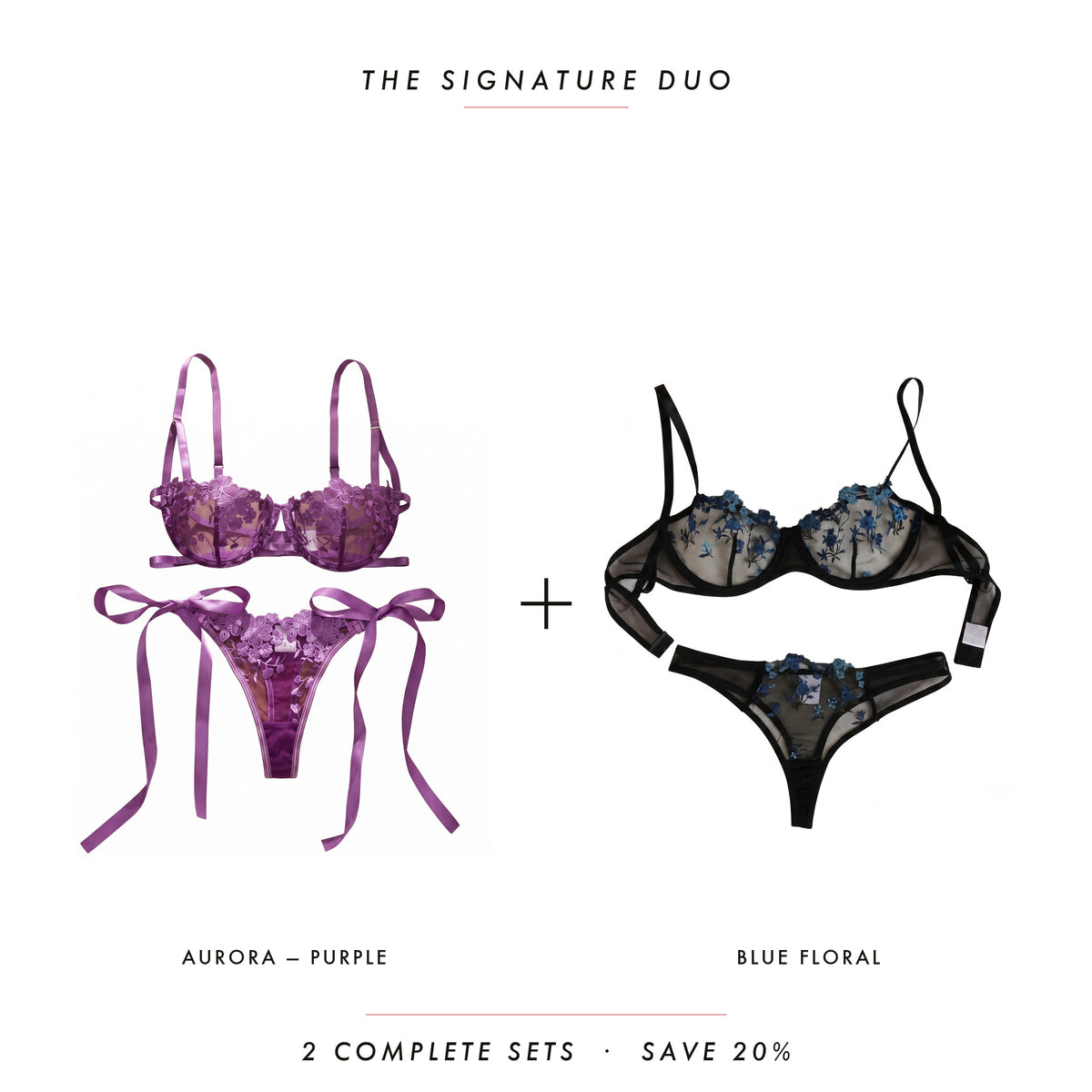 Aurora Purple & Blue Floral — two complete lingerie sets, Allura Signature Duo