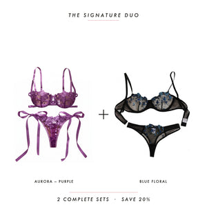 Aurora Purple & Blue Floral — two complete lingerie sets, Allura Signature Duo