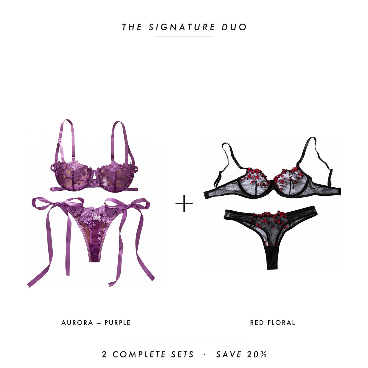 Aurora Purple & Red Floral — two complete lingerie sets, Allura Signature Duo