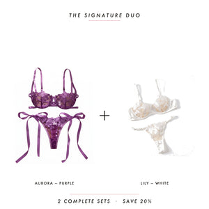 Aurora Purple & Lily White — two complete lingerie sets, Allura Signature Duo