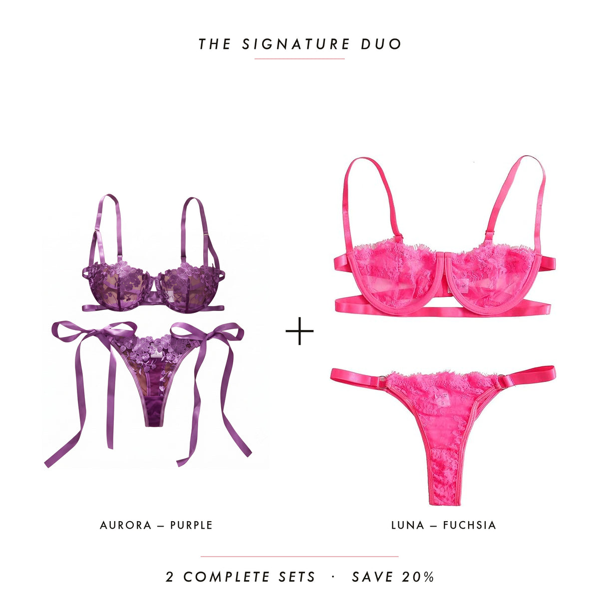 Aurora Purple & Luna Fuchsia — two complete lingerie sets, Allura Signature Duo