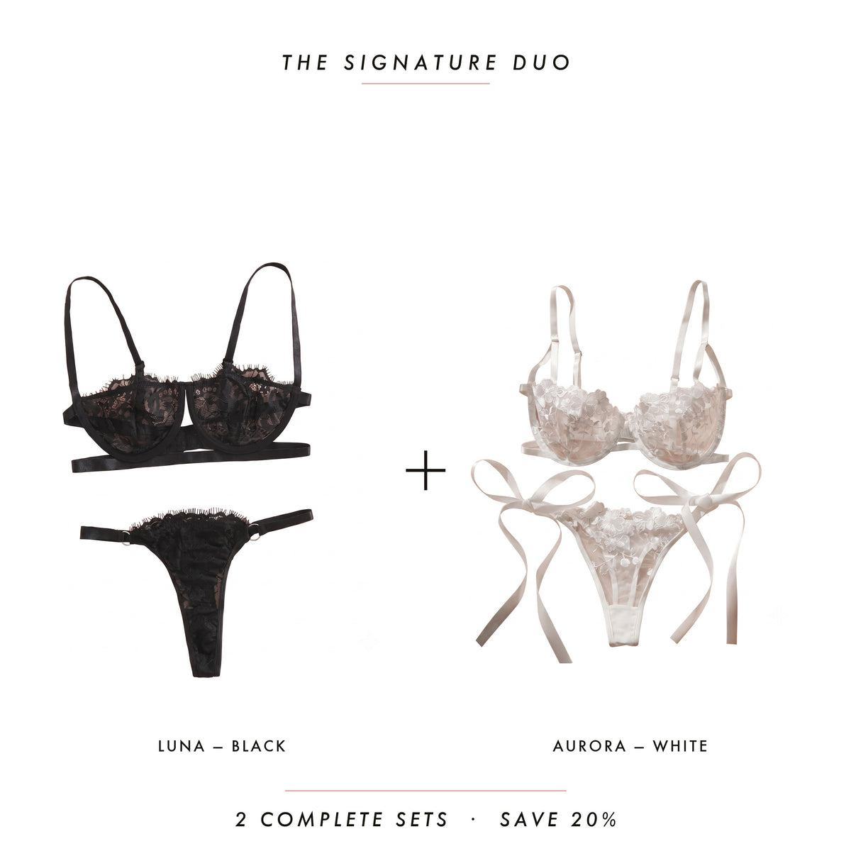 Luna Black & Aurora White — two complete lingerie sets, Allura Signature Duo