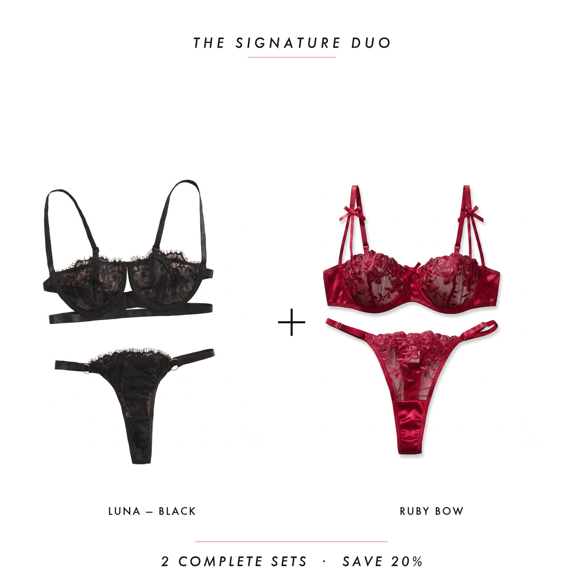 Luna Black & Ruby Bow — two complete lingerie sets, Allura Signature Duo
