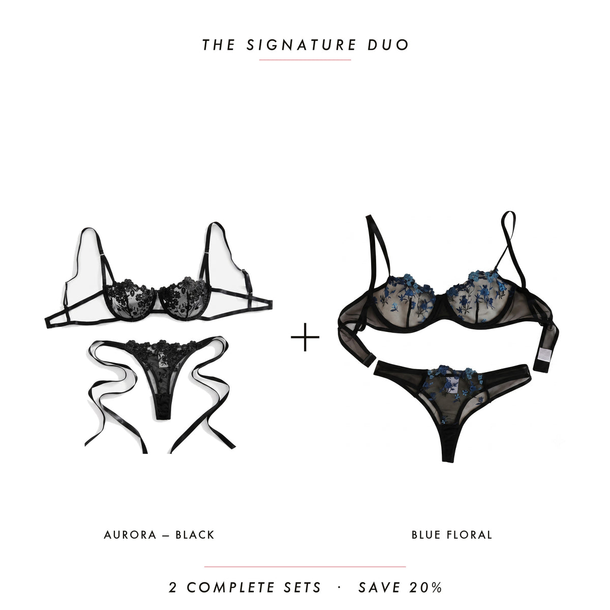 Aurora Black & Blue Floral — two complete lingerie sets, Allura Signature Duo