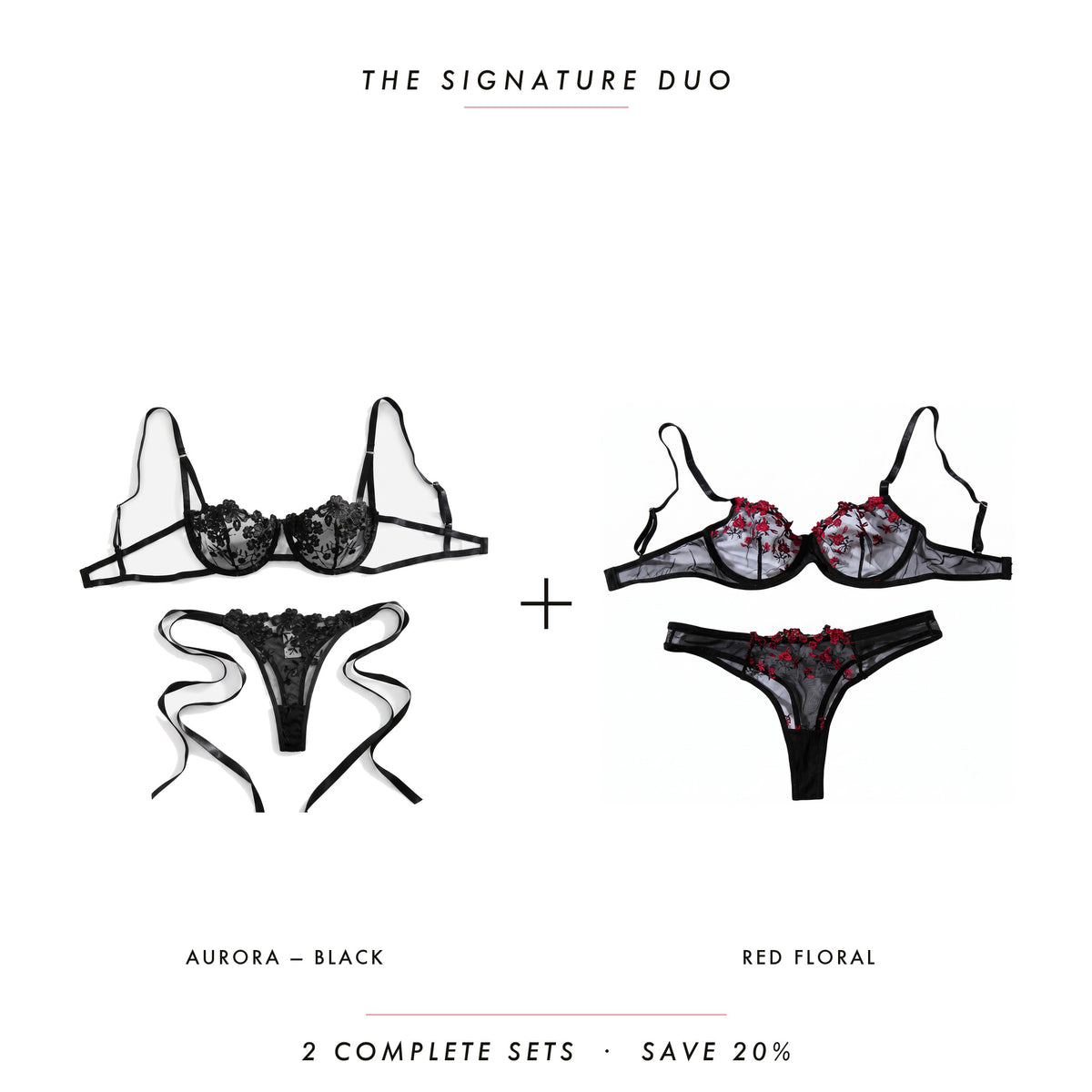Aurora Black & Red Floral — two complete lingerie sets, Allura Signature Duo