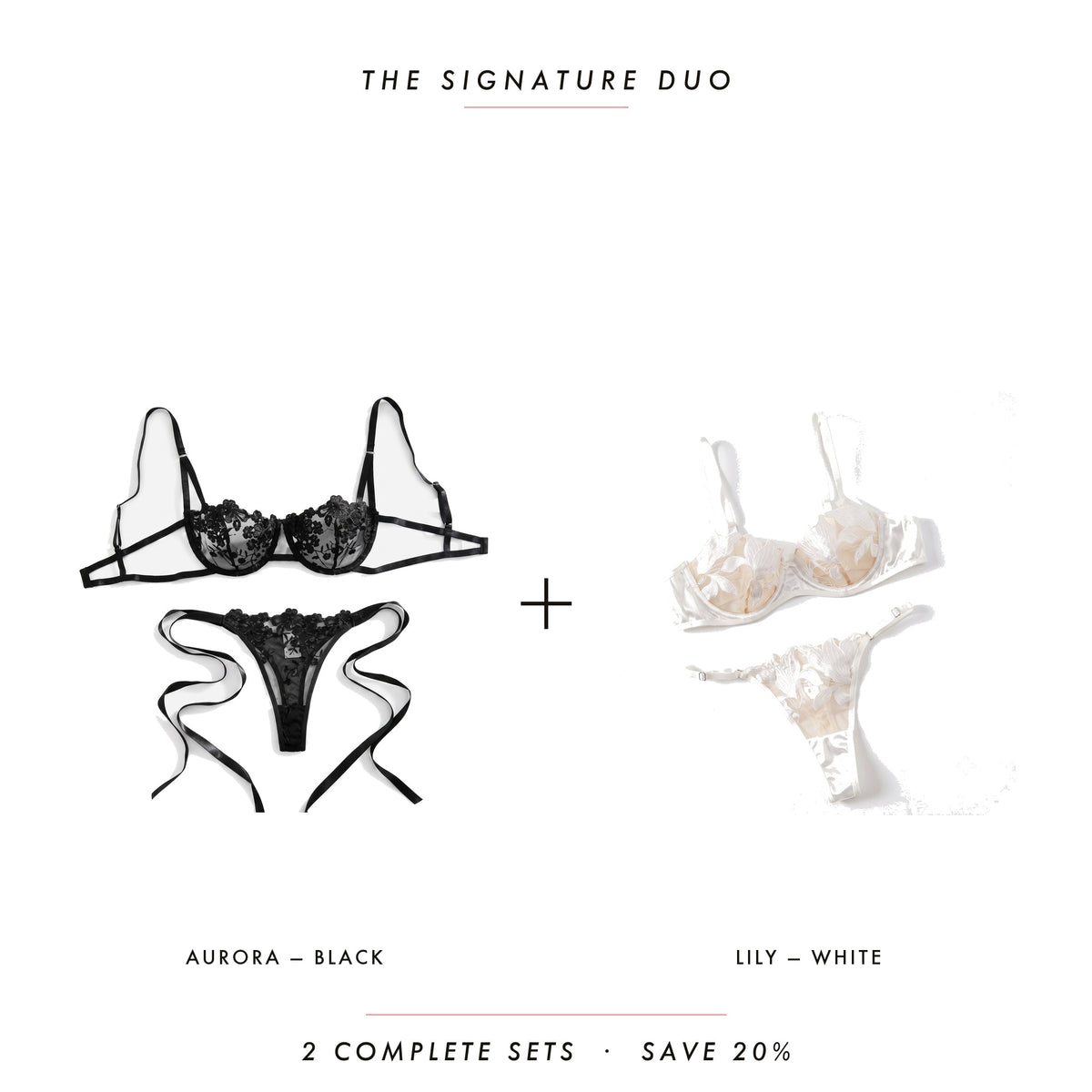 Aurora Black & Lily White — two complete lingerie sets, Allura Signature Duo