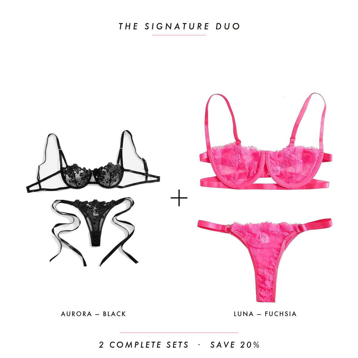 Aurora Black & Luna Fuchsia — two complete lingerie sets, Allura Signature Duo