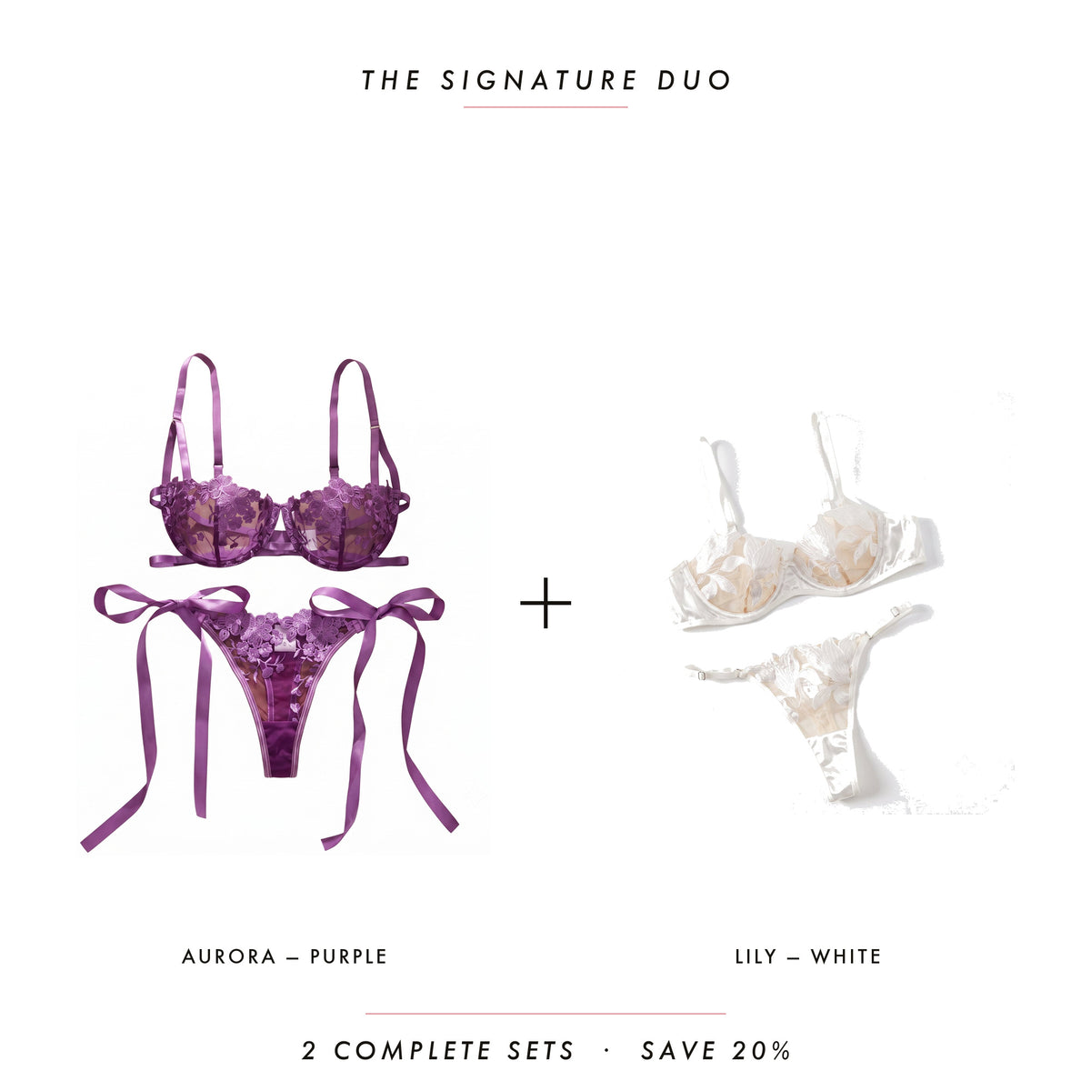 Aurora Purple & Lily White — two complete lingerie sets, Allura Signature Duo