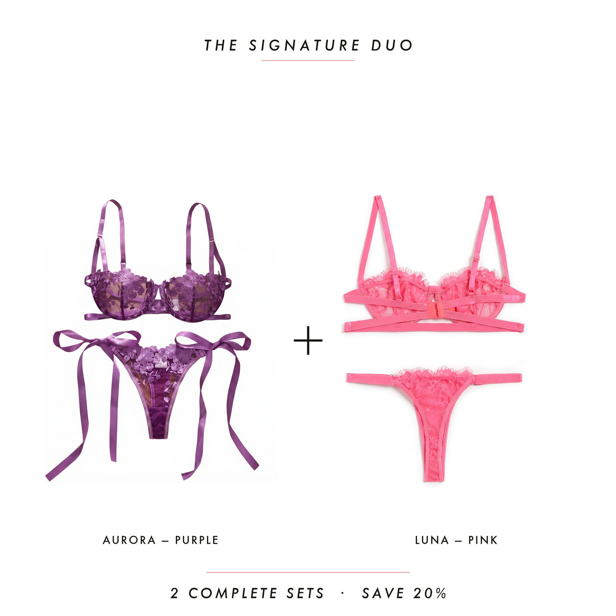 Aurora Purple & Luna Pink — two complete lingerie sets, Allura Signature Duo