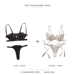 Luna Black & Aurora White — two complete lingerie sets, Allura Signature Duo