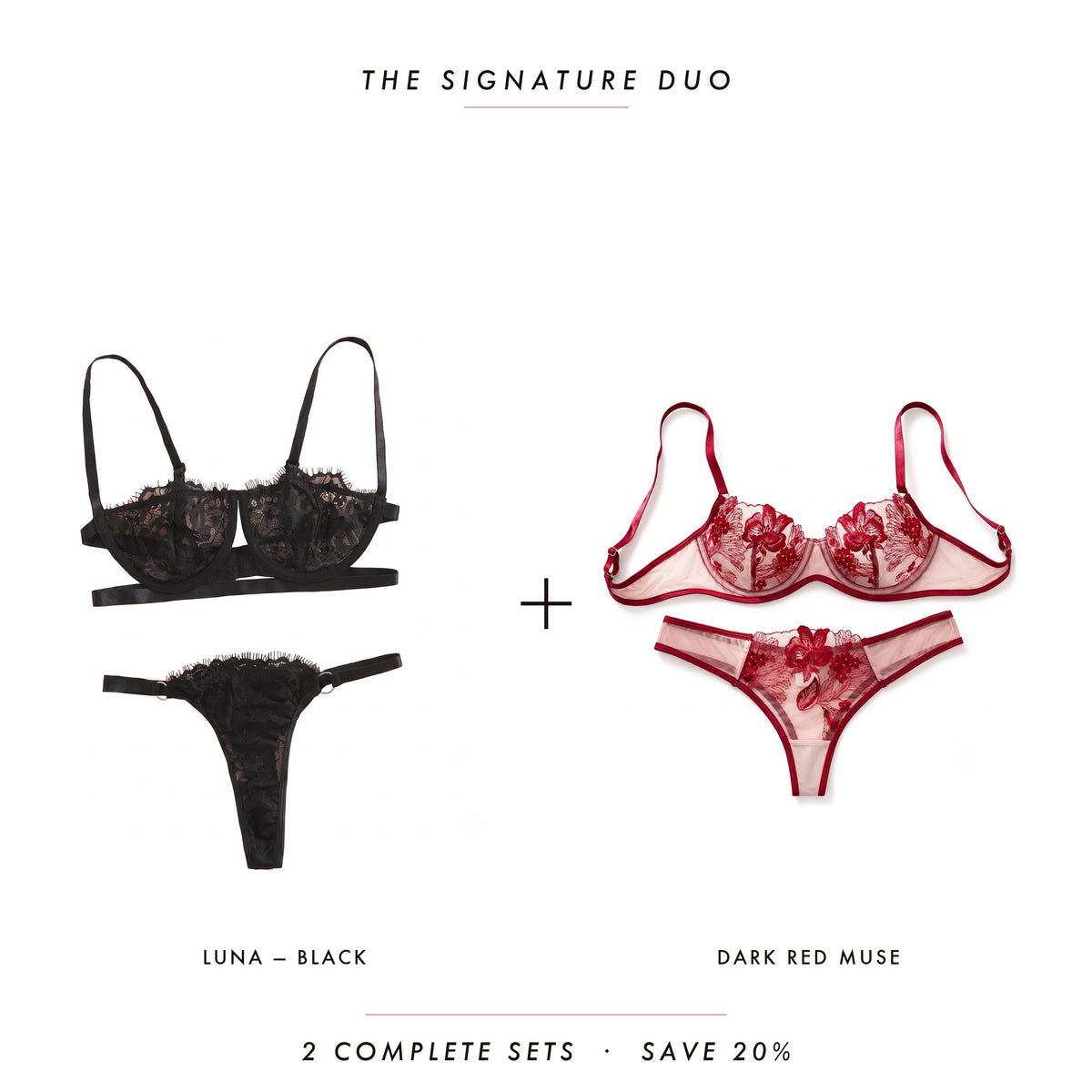 Luna Black & Dark Red Muse — two complete lingerie sets, Allura Signature Duo