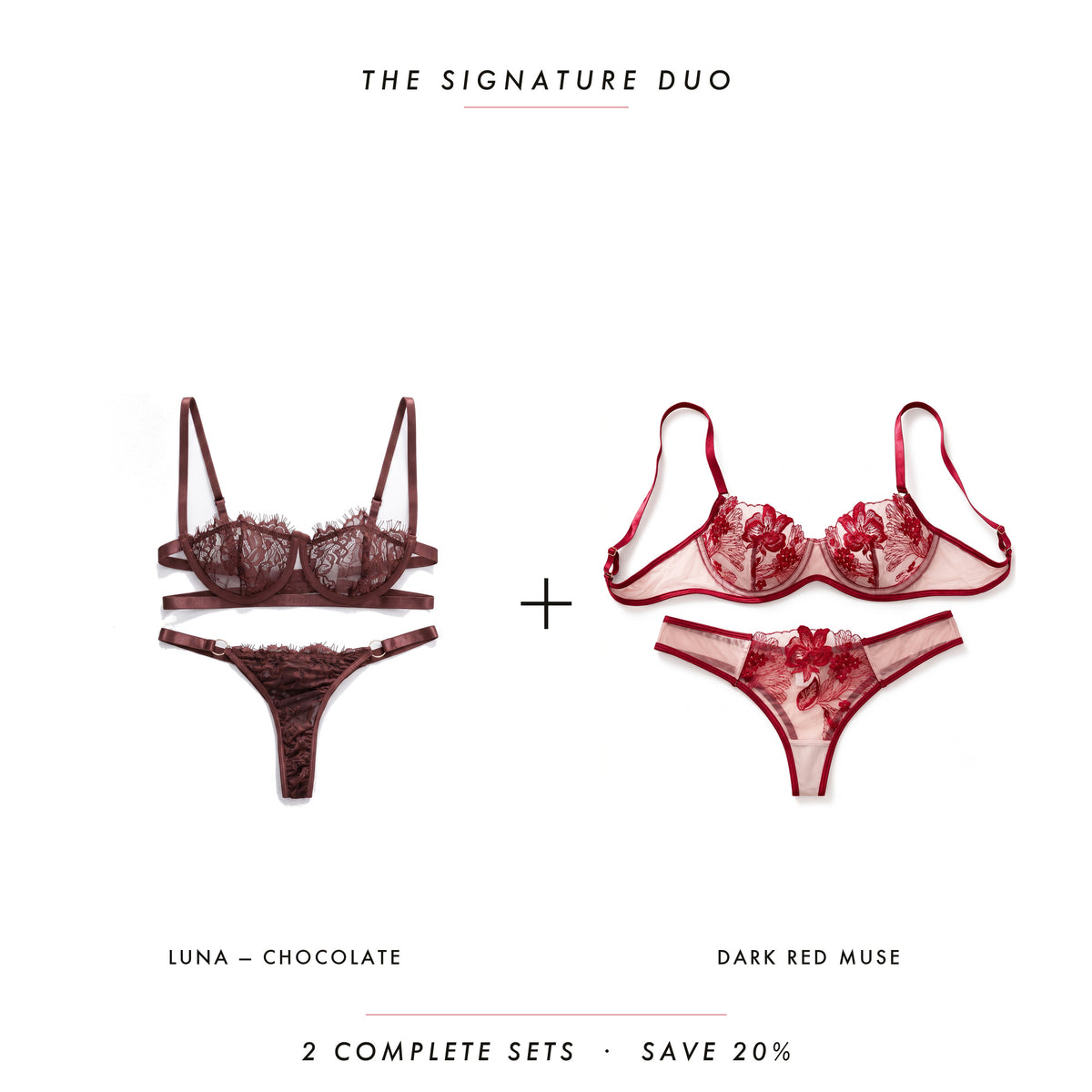 Luna Chocolate & Dark Red Muse — two complete lingerie sets, Allura Signature Duo