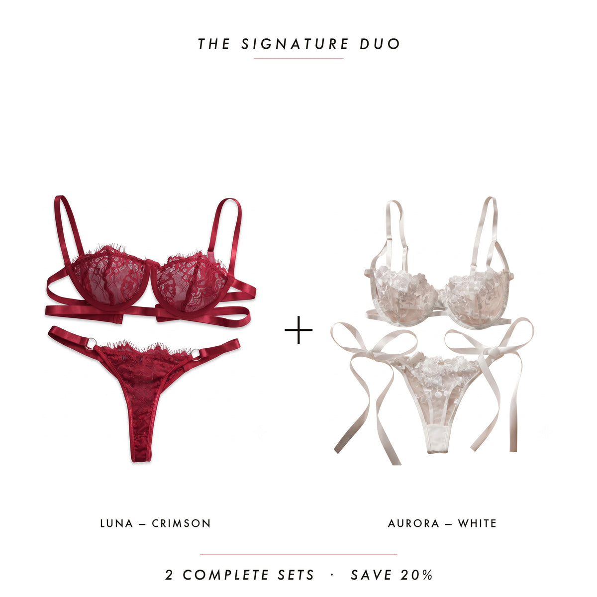Luna Crimson & Aurora White — two complete lingerie sets, Allura Signature Duo