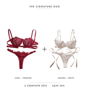 Luna Crimson & Aurora White — two complete lingerie sets, Allura Signature Duo