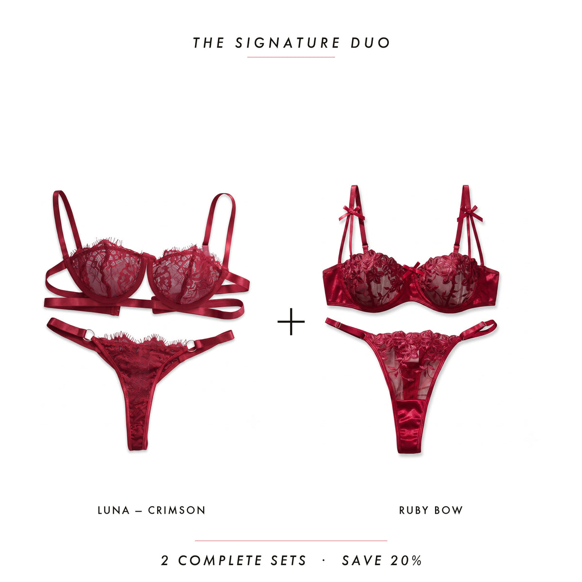 Luna Crimson & Ruby Bow — two complete lingerie sets, Allura Signature Duo