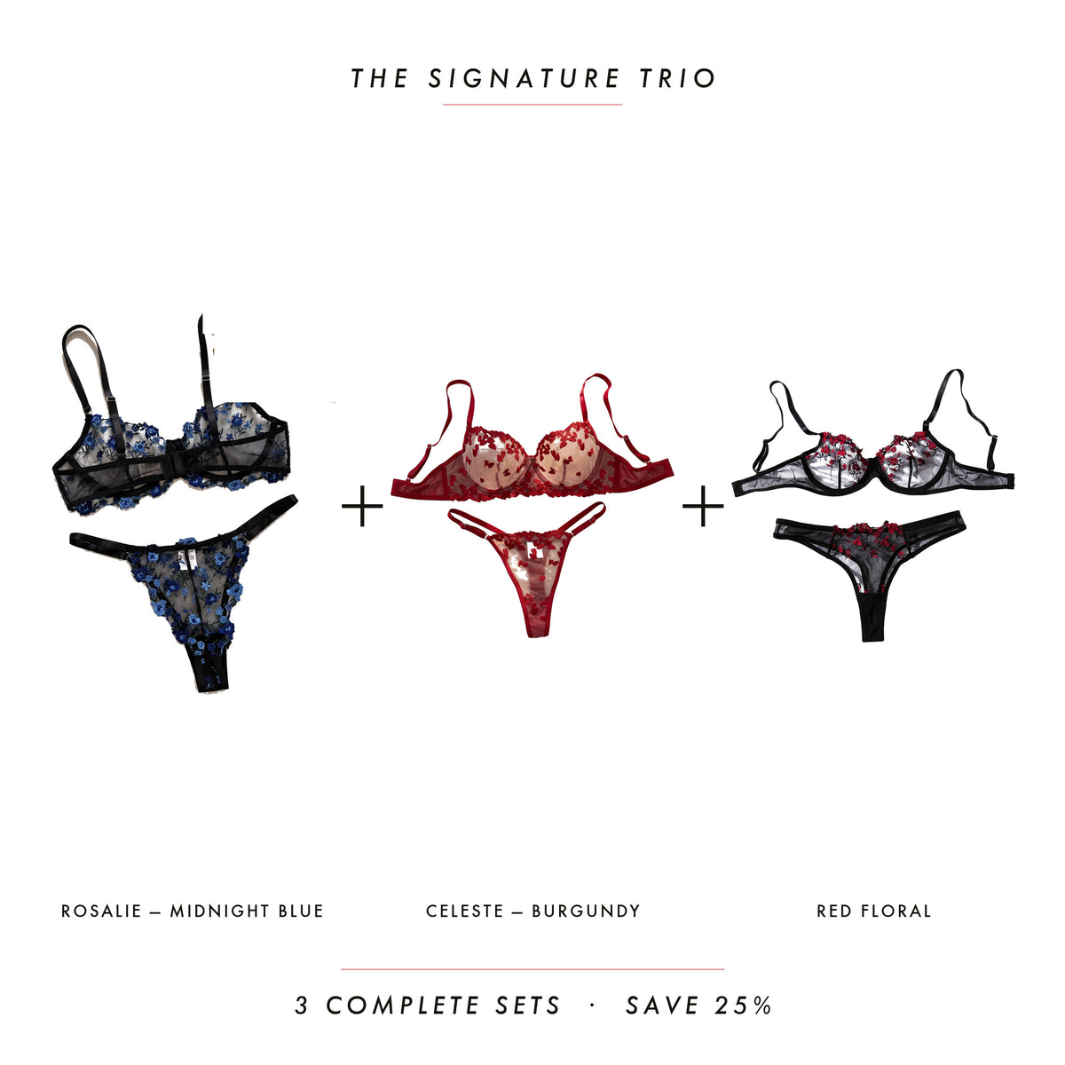 Rosalie, Celeste & Red Floral — three complete lingerie sets, Allura Signature Trio