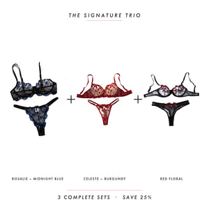 Rosalie, Celeste & Red Floral — three complete lingerie sets, Allura Signature Trio